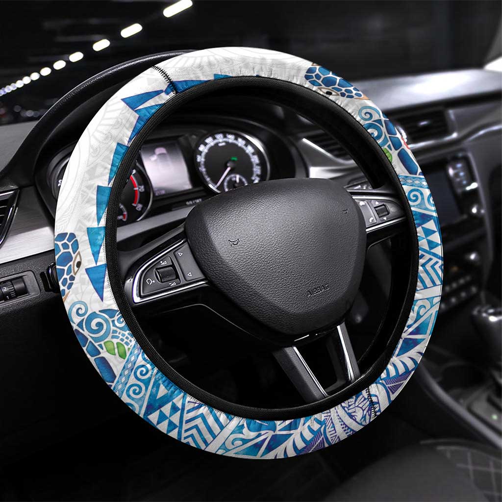 Hawaiian Abstract Sea Turtle Steering Wheel Cover Polynesian Tapa Art and Kakau Tattoo White WaterColor - Polynesian Pride