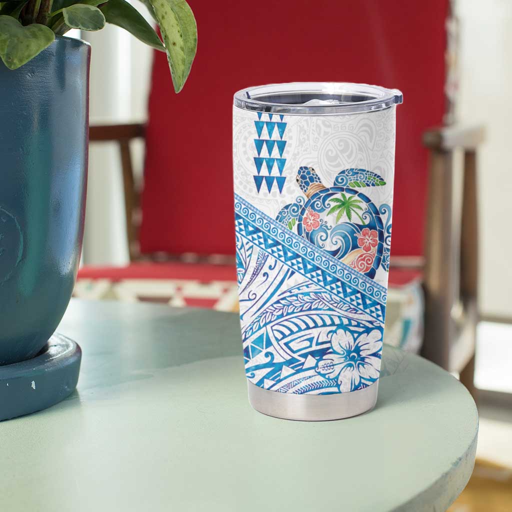 Hawaiian Abstract Sea Turtle Tumbler Cup Polynesian Tapa Art and Kakau Tattoo White WaterColor - Polynesian Pride