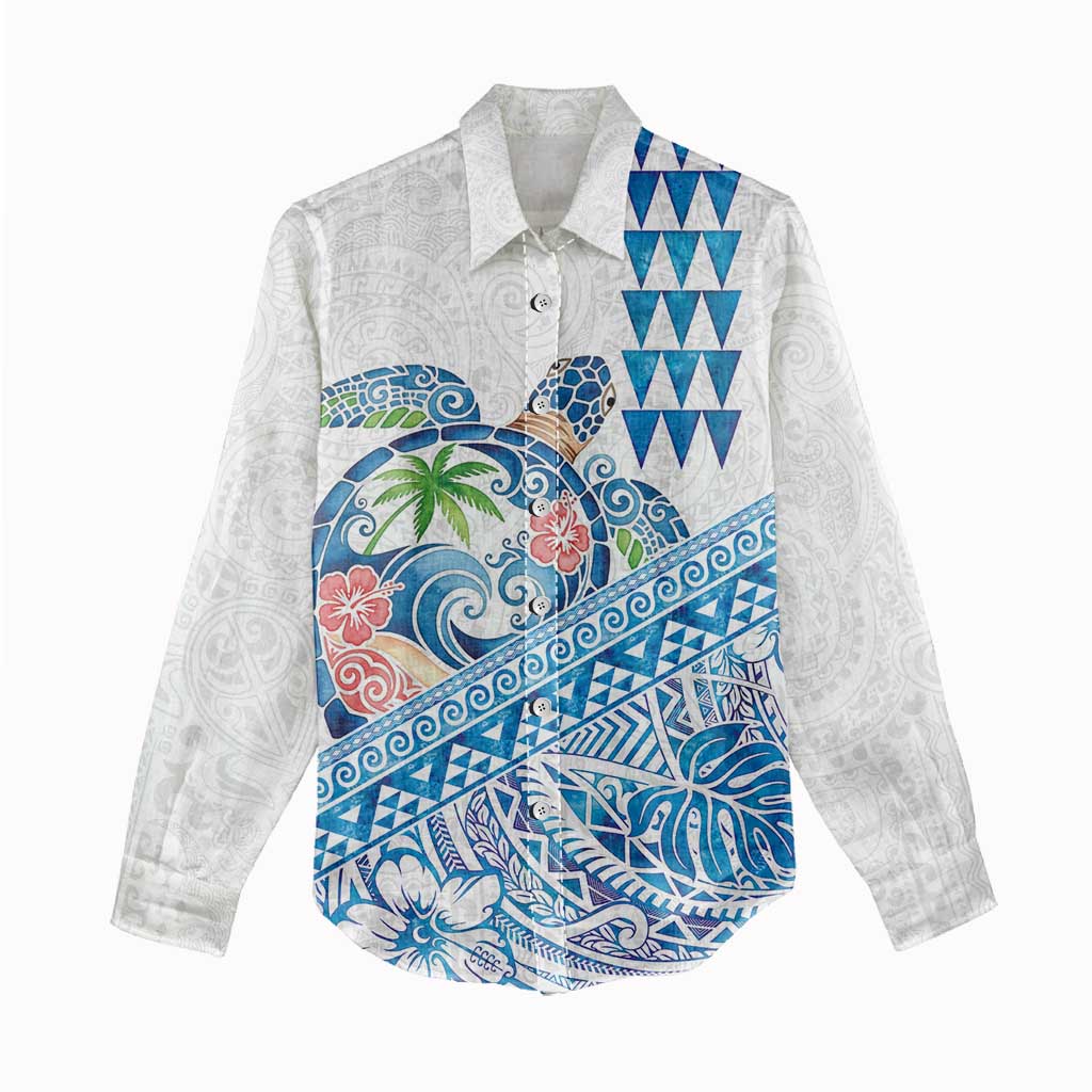 Hawaiian Abstract Sea Turtle Women Casual Shirt Polynesian Tapa Art and Kakau Tattoo White WaterColor LT03 - Polynesian Pride