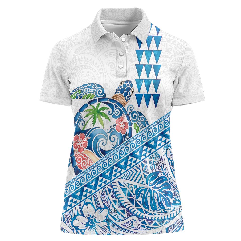 Hawaiian Abstract Sea Turtle Women Polo Shirt Polynesian Tapa Art and Kakau Tattoo White WaterColor LT03 Female White - Polynesian Pride