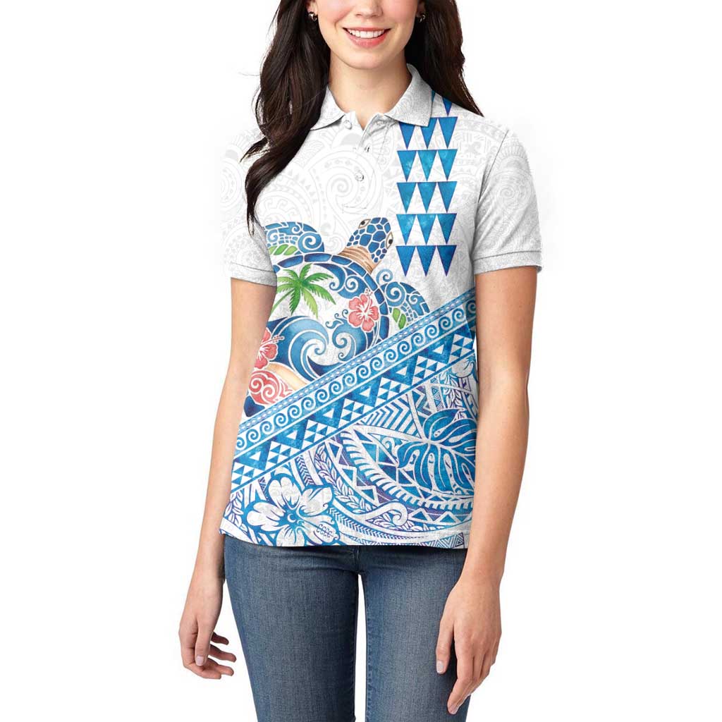 Hawaiian Abstract Sea Turtle Women Polo Shirt Polynesian Tapa Art and Kakau Tattoo White WaterColor LT03 - Polynesian Pride