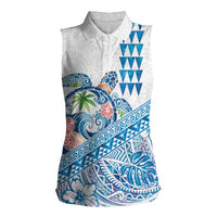 Hawaiian Abstract Sea Turtle Women Sleeveless Polo Shirt Polynesian Tapa Art and Kakau Tattoo White WaterColor LT03 Female White - Polynesian Pride