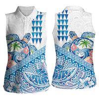 Hawaiian Abstract Sea Turtle Women Sleeveless Polo Shirt Polynesian Tapa Art and Kakau Tattoo White WaterColor LT03 - Polynesian Pride