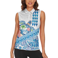 Hawaiian Abstract Sea Turtle Women Sleeveless Polo Shirt Polynesian Tapa Art and Kakau Tattoo White WaterColor LT03 - Polynesian Pride