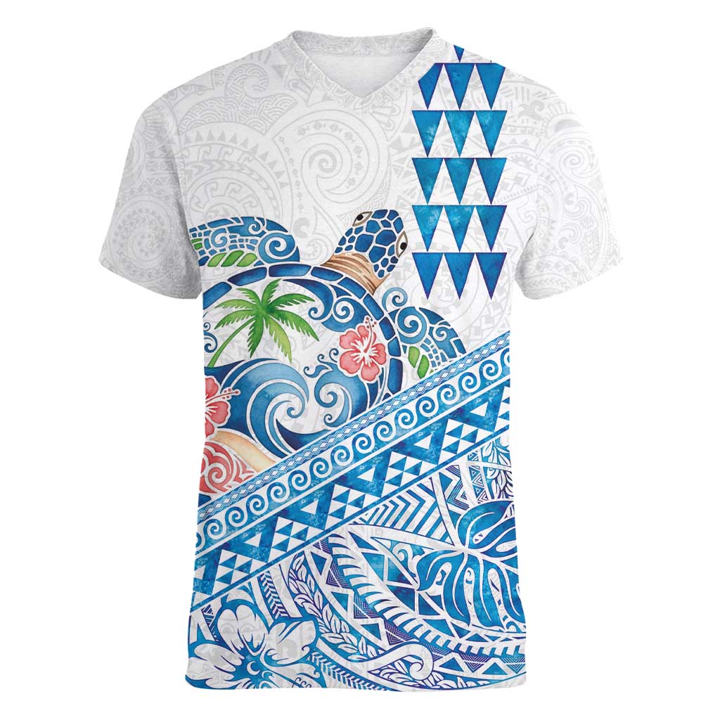 Hawaiian Abstract Sea Turtle Women V-Neck T-Shirt Polynesian Tapa Art and Kakau Tattoo White WaterColor LT03 Female White - Polynesian Pride