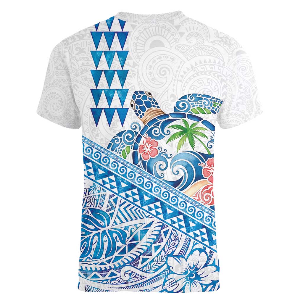 Hawaiian Abstract Sea Turtle Women V-Neck T-Shirt Polynesian Tapa Art and Kakau Tattoo White WaterColor LT03 - Polynesian Pride