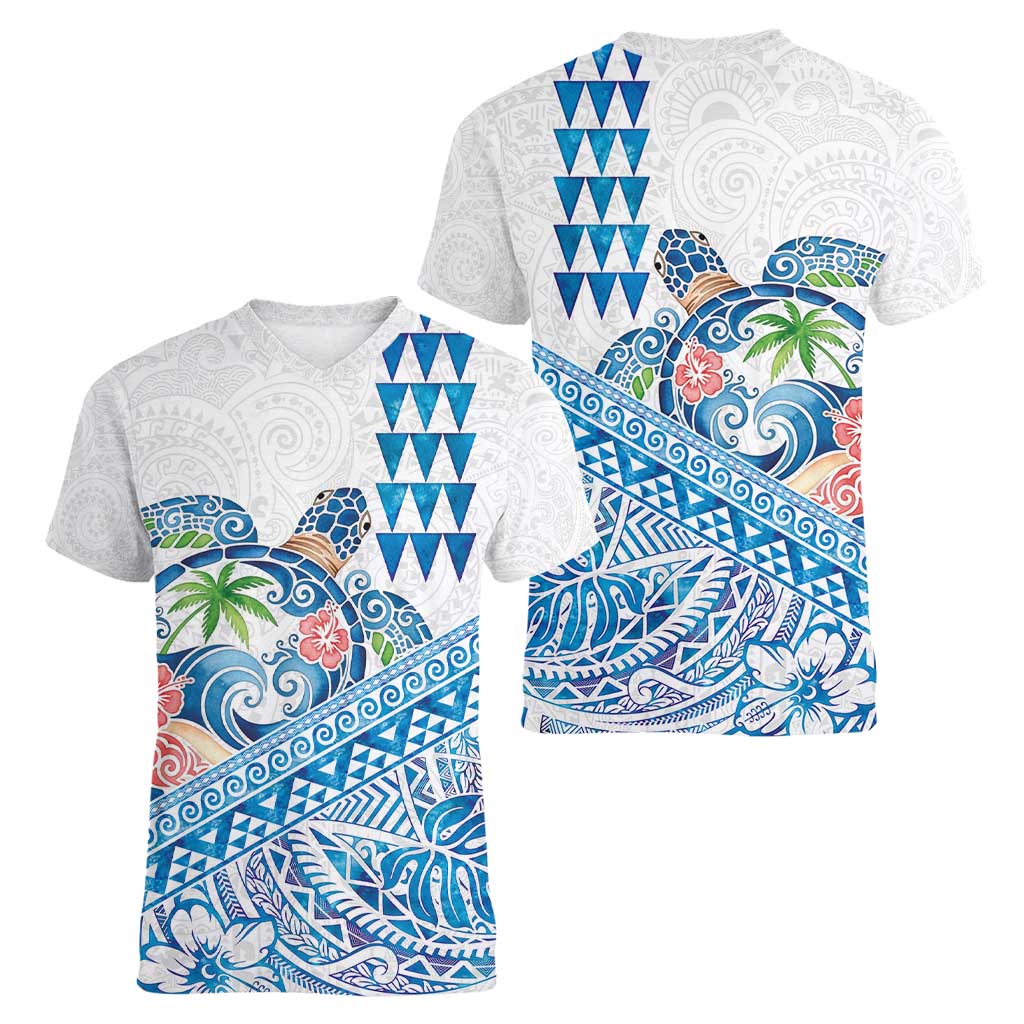 Hawaiian Abstract Sea Turtle Women V-Neck T-Shirt Polynesian Tapa Art and Kakau Tattoo White WaterColor LT03 - Polynesian Pride