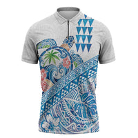 Hawaiian Abstract Sea Turtle Zipper Polo Shirt Polynesian Tapa Art and Kakau Tattoo White WaterColor LT03 White - Polynesian Pride