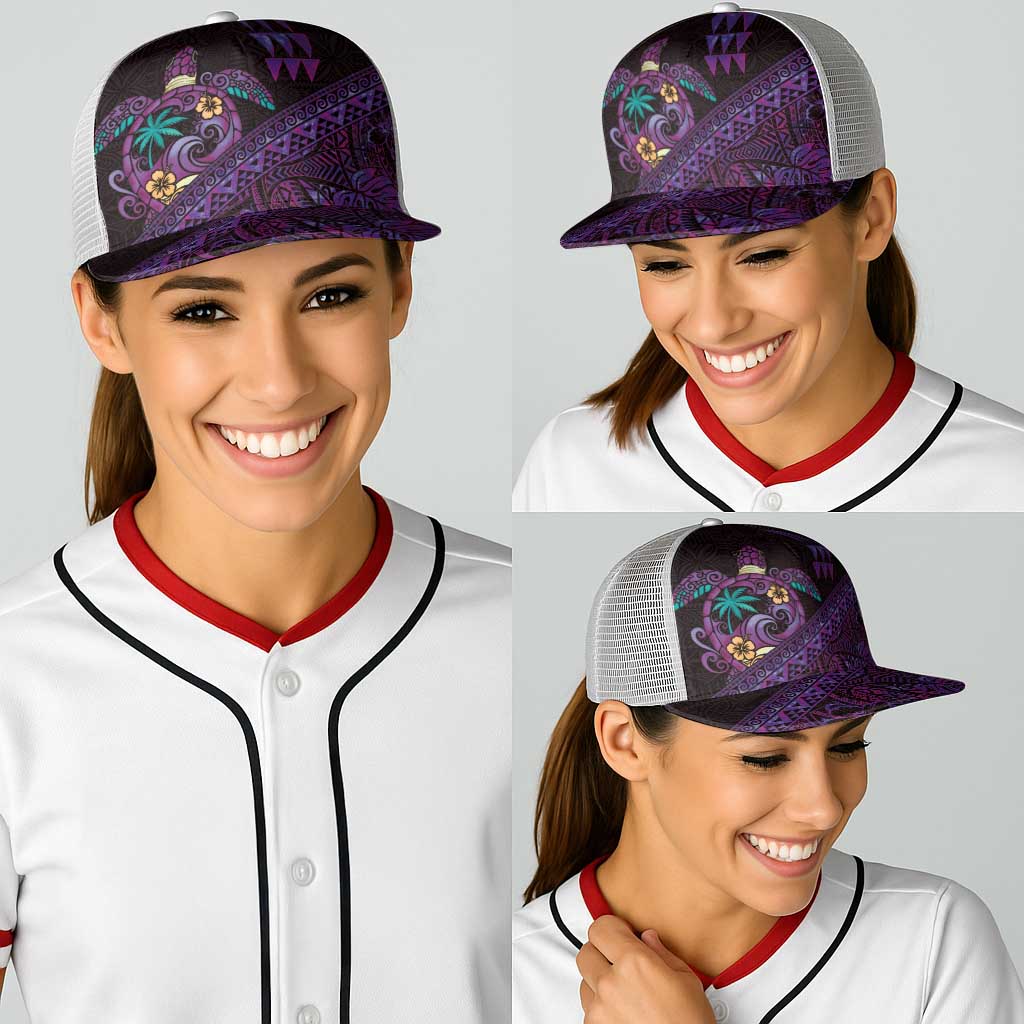 Hawaiian Abstract Sea Turtle Baseball Net Cap Polynesian Tapa Art and Kakau Tattoo Purple WaterColor - Polynesian Pride