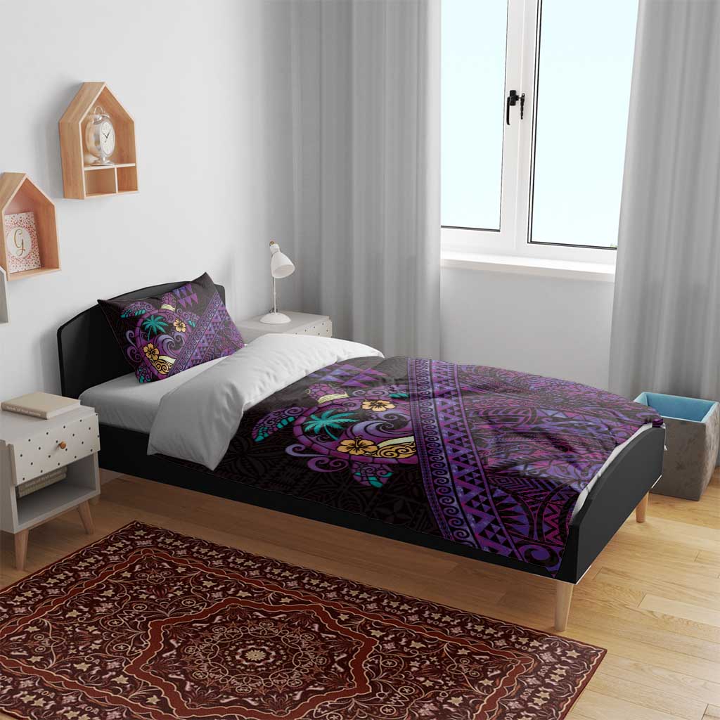 Hawaiian Abstract Sea Turtle Bedding Set Polynesian Tapa Art and Kakau Tattoo Purple WaterColor - Polynesian Pride
