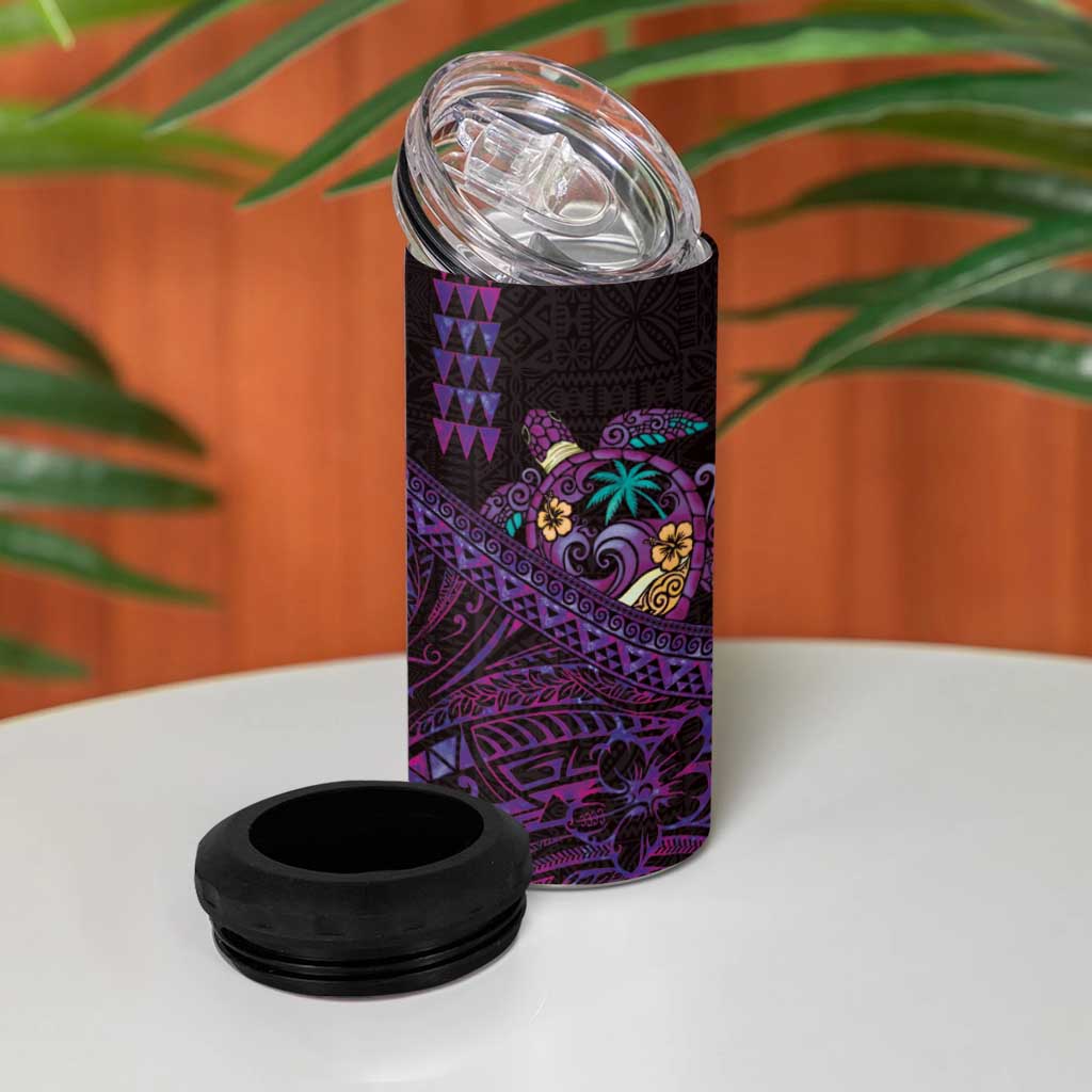 Hawaiian Abstract Sea Turtle 4 in 1 Can Cooler Tumbler Polynesian Tapa Art and Kakau Tattoo Purple WaterColor LT03 - Polynesian Pride