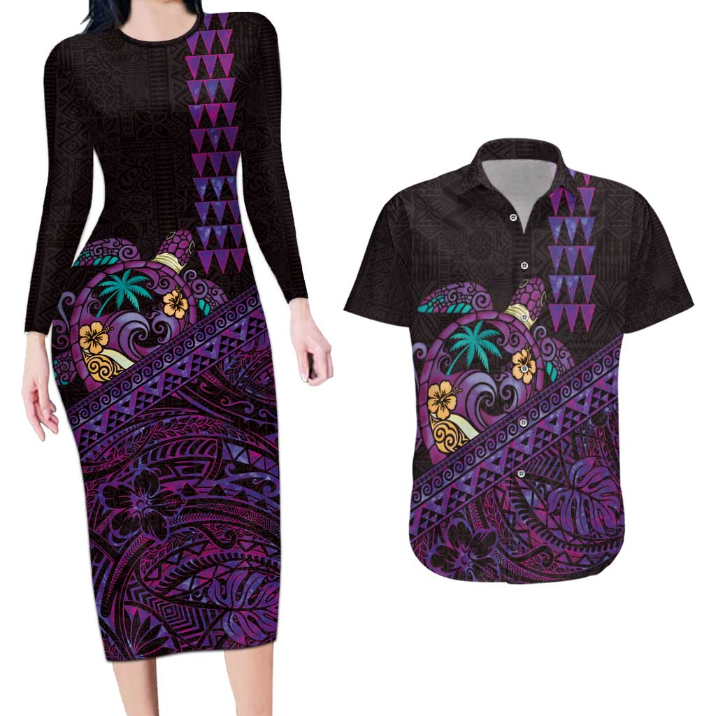 Hawaiian Abstract Sea Turtle Couples Matching Long Sleeve Bodycon Dress and Hawaiian Shirt Polynesian Tapa Art and Kakau Tattoo Purple WaterColor LT03 Black - Polynesian Pride