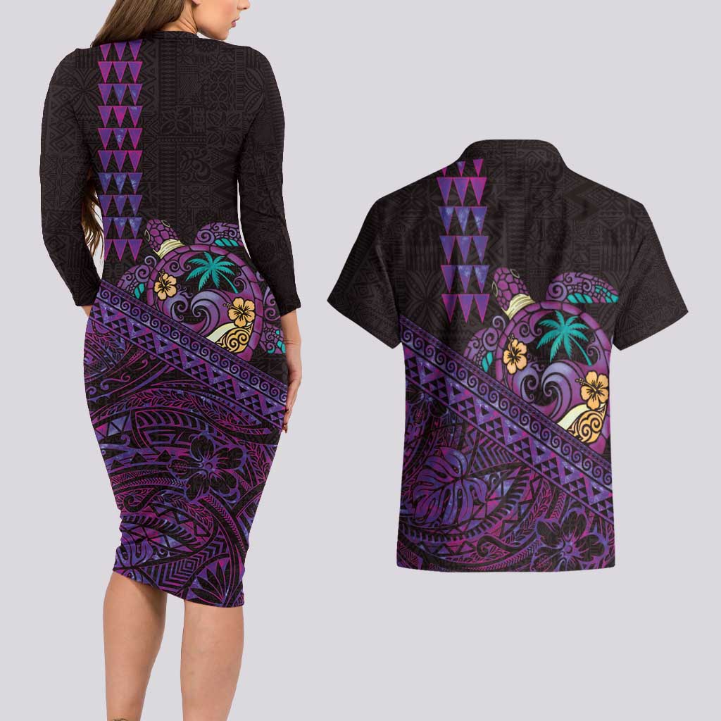 Hawaiian Abstract Sea Turtle Couples Matching Long Sleeve Bodycon Dress and Hawaiian Shirt Polynesian Tapa Art and Kakau Tattoo Purple WaterColor LT03 - Polynesian Pride