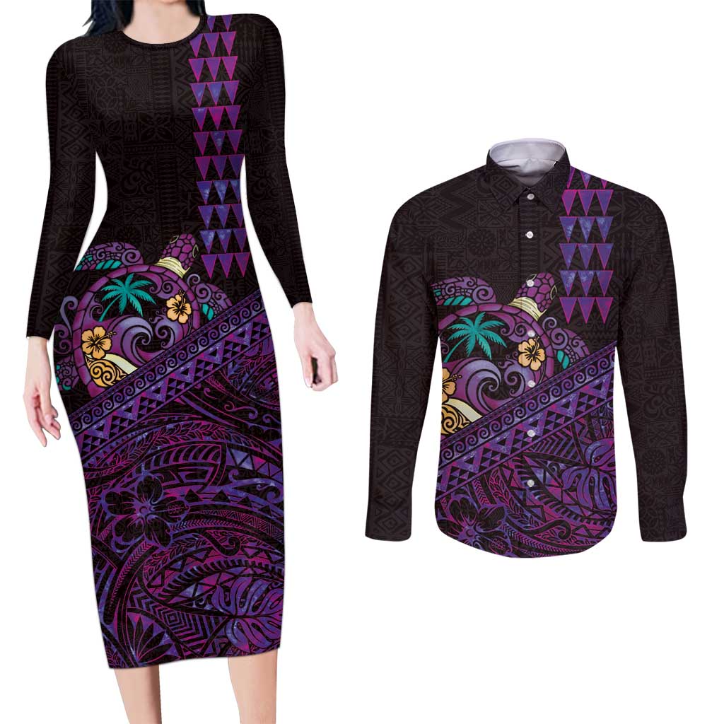 Hawaiian Abstract Sea Turtle Couples Matching Long Sleeve Bodycon Dress and Long Sleeve Button Shirt Polynesian Tapa Art and Kakau Tattoo Purple WaterColor LT03 Black - Polynesian Pride