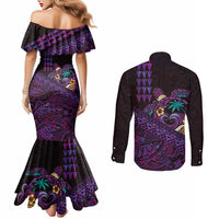 Hawaiian Abstract Sea Turtle Couples Matching Mermaid Dress and Long Sleeve Button Shirt Polynesian Tapa Art and Kakau Tattoo Purple WaterColor LT03 - Polynesian Pride