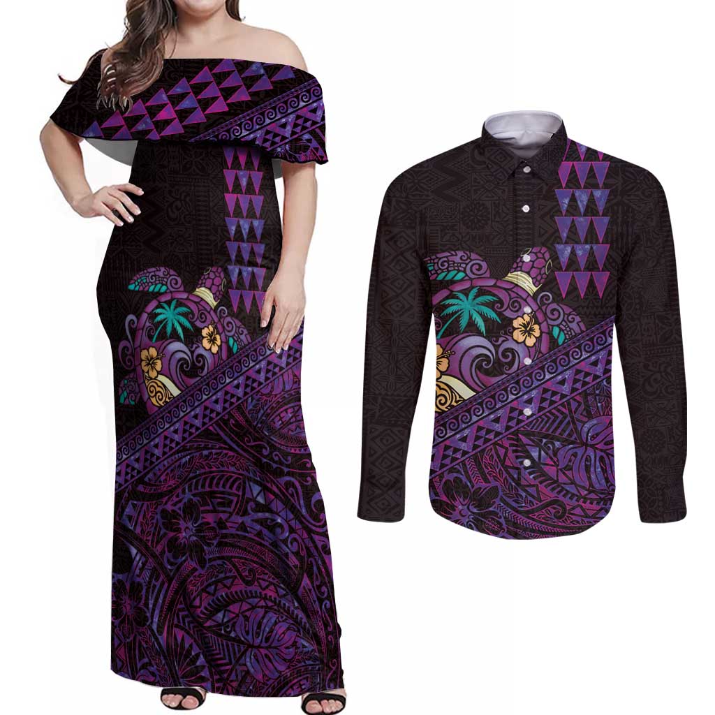 Hawaiian Abstract Sea Turtle Couples Matching Off Shoulder Maxi Dress and Long Sleeve Button Shirt Polynesian Tapa Art and Kakau Tattoo Purple WaterColor LT03 Black - Polynesian Pride