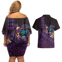 Hawaiian Abstract Sea Turtle Couples Matching Off Shoulder Short Dress and Hawaiian Shirt Polynesian Tapa Art and Kakau Tattoo Purple WaterColor LT03 - Polynesian Pride
