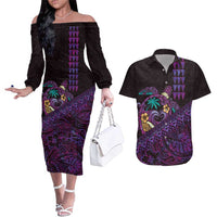 Hawaiian Abstract Sea Turtle Couples Matching Off The Shoulder Long Sleeve Dress and Hawaiian Shirt Polynesian Tapa Art and Kakau Tattoo Purple WaterColor LT03 Black - Polynesian Pride