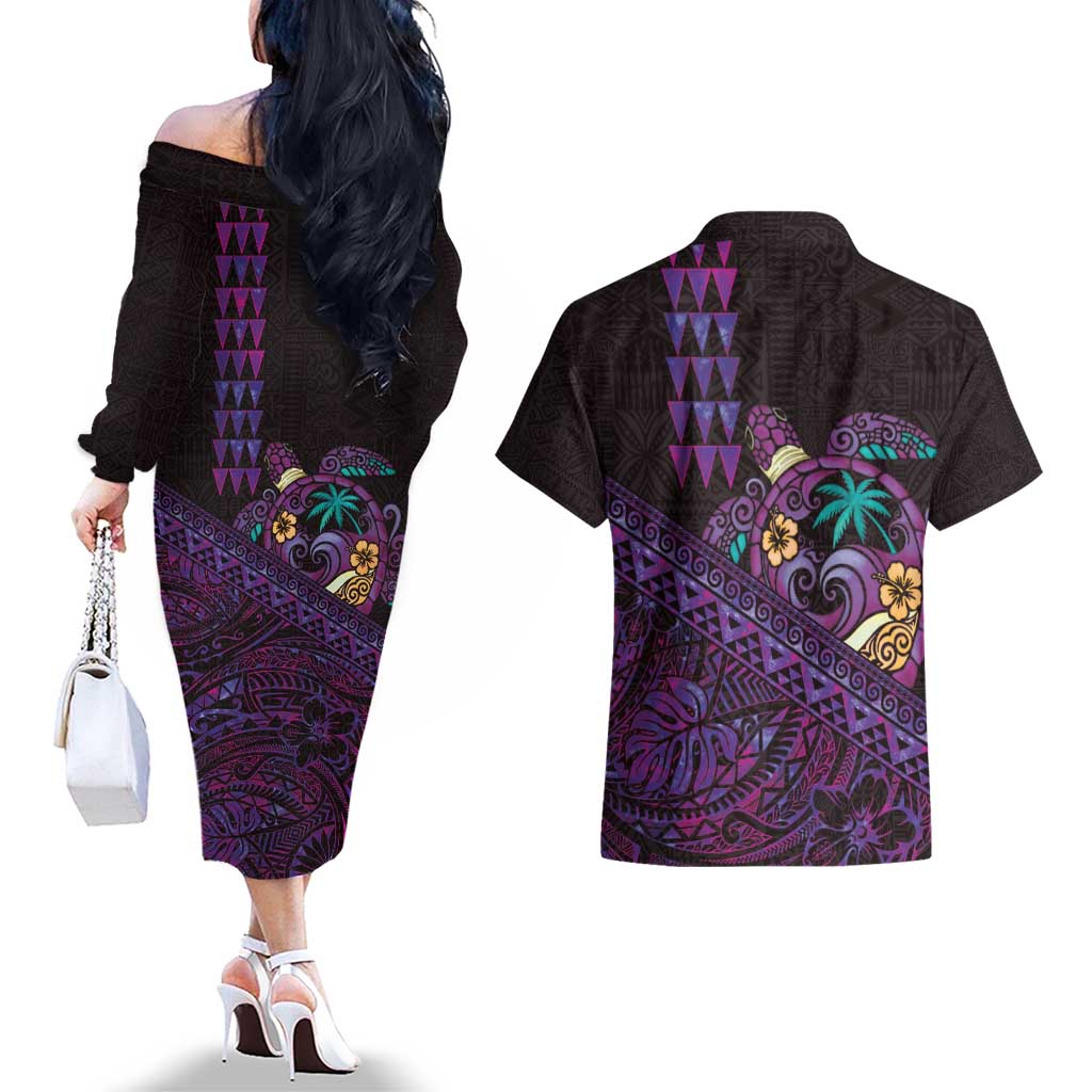 Hawaiian Abstract Sea Turtle Couples Matching Off The Shoulder Long Sleeve Dress and Hawaiian Shirt Polynesian Tapa Art and Kakau Tattoo Purple WaterColor LT03 - Polynesian Pride