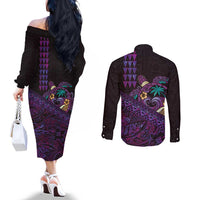 Hawaiian Abstract Sea Turtle Couples Matching Off The Shoulder Long Sleeve Dress and Long Sleeve Button Shirt Polynesian Tapa Art and Kakau Tattoo Purple WaterColor LT03 - Polynesian Pride