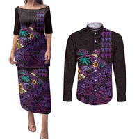 Hawaiian Abstract Sea Turtle Couples Matching Puletasi and Long Sleeve Button Shirt Polynesian Tapa Art and Kakau Tattoo Purple WaterColor LT03 Black - Polynesian Pride