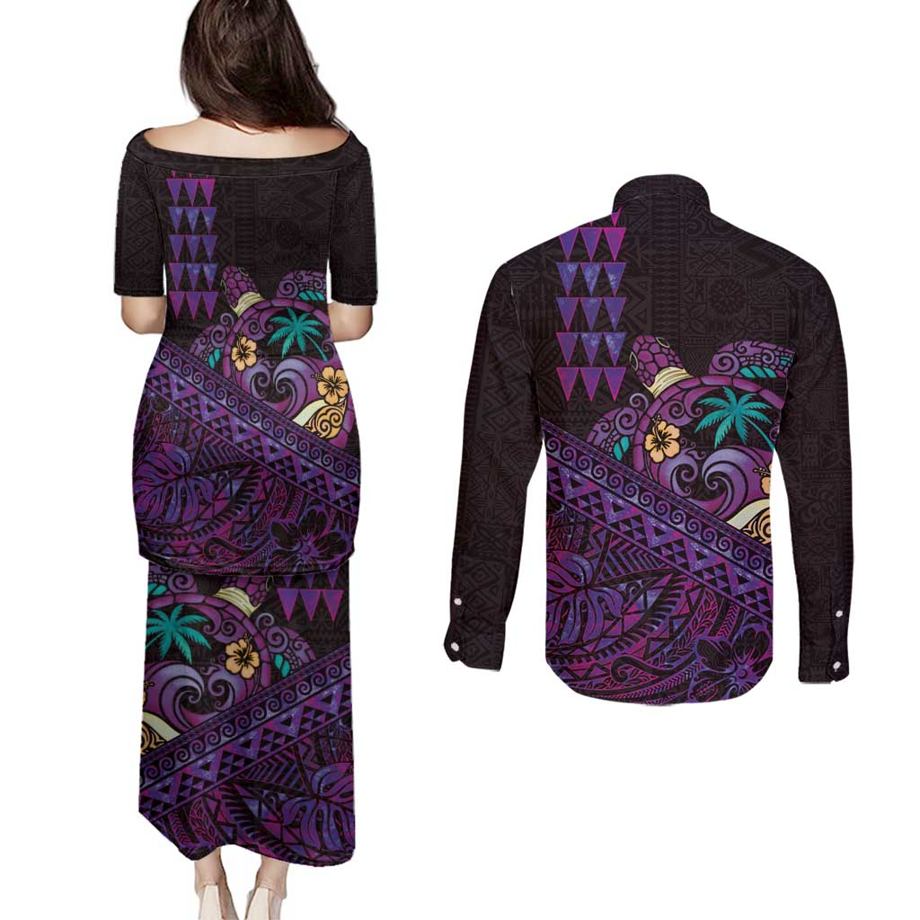 Hawaiian Abstract Sea Turtle Couples Matching Puletasi and Long Sleeve Button Shirt Polynesian Tapa Art and Kakau Tattoo Purple WaterColor LT03 - Polynesian Pride