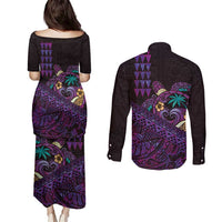 Hawaiian Abstract Sea Turtle Couples Matching Puletasi and Long Sleeve Button Shirt Polynesian Tapa Art and Kakau Tattoo Purple WaterColor LT03 - Polynesian Pride