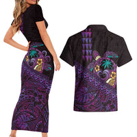 Hawaiian Abstract Sea Turtle Couples Matching Short Sleeve Bodycon Dress and Hawaiian Shirt Polynesian Tapa Art and Kakau Tattoo Purple WaterColor LT03 - Polynesian Pride