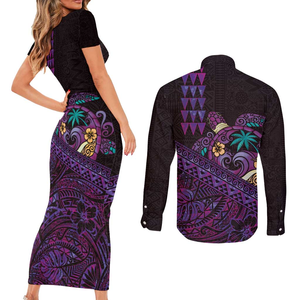 Hawaiian Abstract Sea Turtle Couples Matching Short Sleeve Bodycon Dress and Long Sleeve Button Shirt Polynesian Tapa Art and Kakau Tattoo Purple WaterColor LT03 - Polynesian Pride