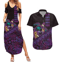 Hawaiian Abstract Sea Turtle Couples Matching Summer Maxi Dress and Hawaiian Shirt Polynesian Tapa Art and Kakau Tattoo Purple WaterColor LT03 Black - Polynesian Pride