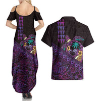 Hawaiian Abstract Sea Turtle Couples Matching Summer Maxi Dress and Hawaiian Shirt Polynesian Tapa Art and Kakau Tattoo Purple WaterColor LT03 - Polynesian Pride