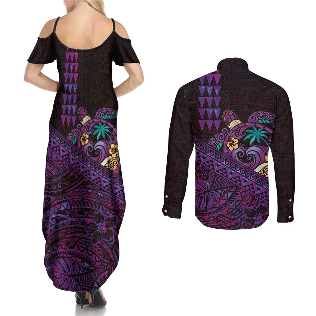 Hawaiian Abstract Sea Turtle Couples Matching Summer Maxi Dress and Long Sleeve Button Shirt Polynesian Tapa Art and Kakau Tattoo Purple WaterColor LT03 - Polynesian Pride