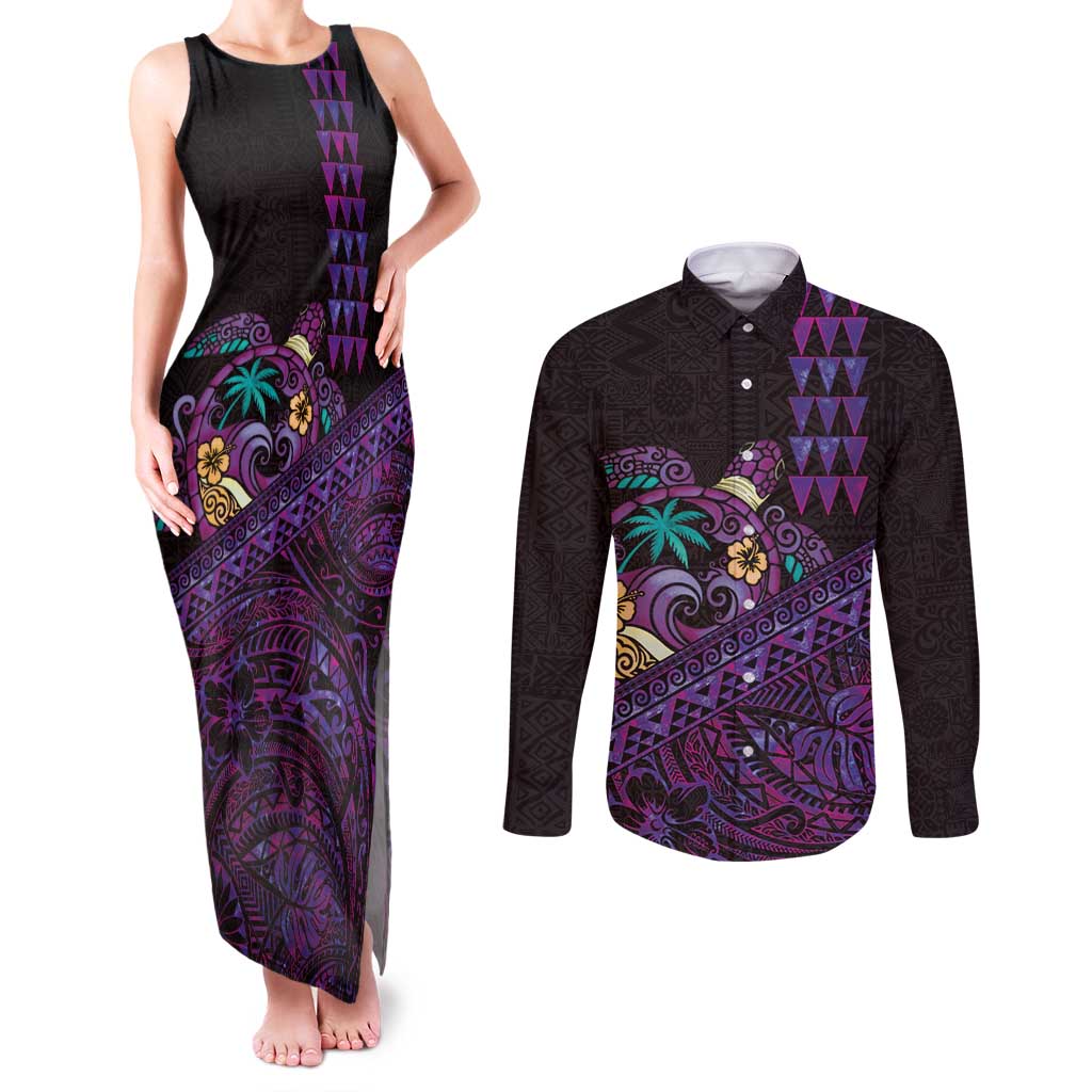 Hawaiian Abstract Sea Turtle Couples Matching Tank Maxi Dress and Long Sleeve Button Shirt Polynesian Tapa Art and Kakau Tattoo Purple WaterColor LT03 Black - Polynesian Pride