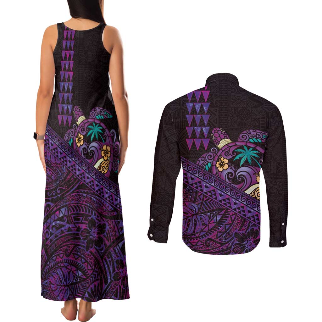 Hawaiian Abstract Sea Turtle Couples Matching Tank Maxi Dress and Long Sleeve Button Shirt Polynesian Tapa Art and Kakau Tattoo Purple WaterColor LT03 - Polynesian Pride