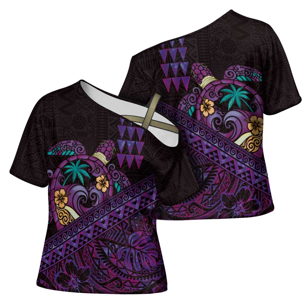 Hawaiian Abstract Sea Turtle Cross Shoulder Shirt Polynesian Tapa Art and Kakau Tattoo Purple WaterColor LT03 - Polynesian Pride