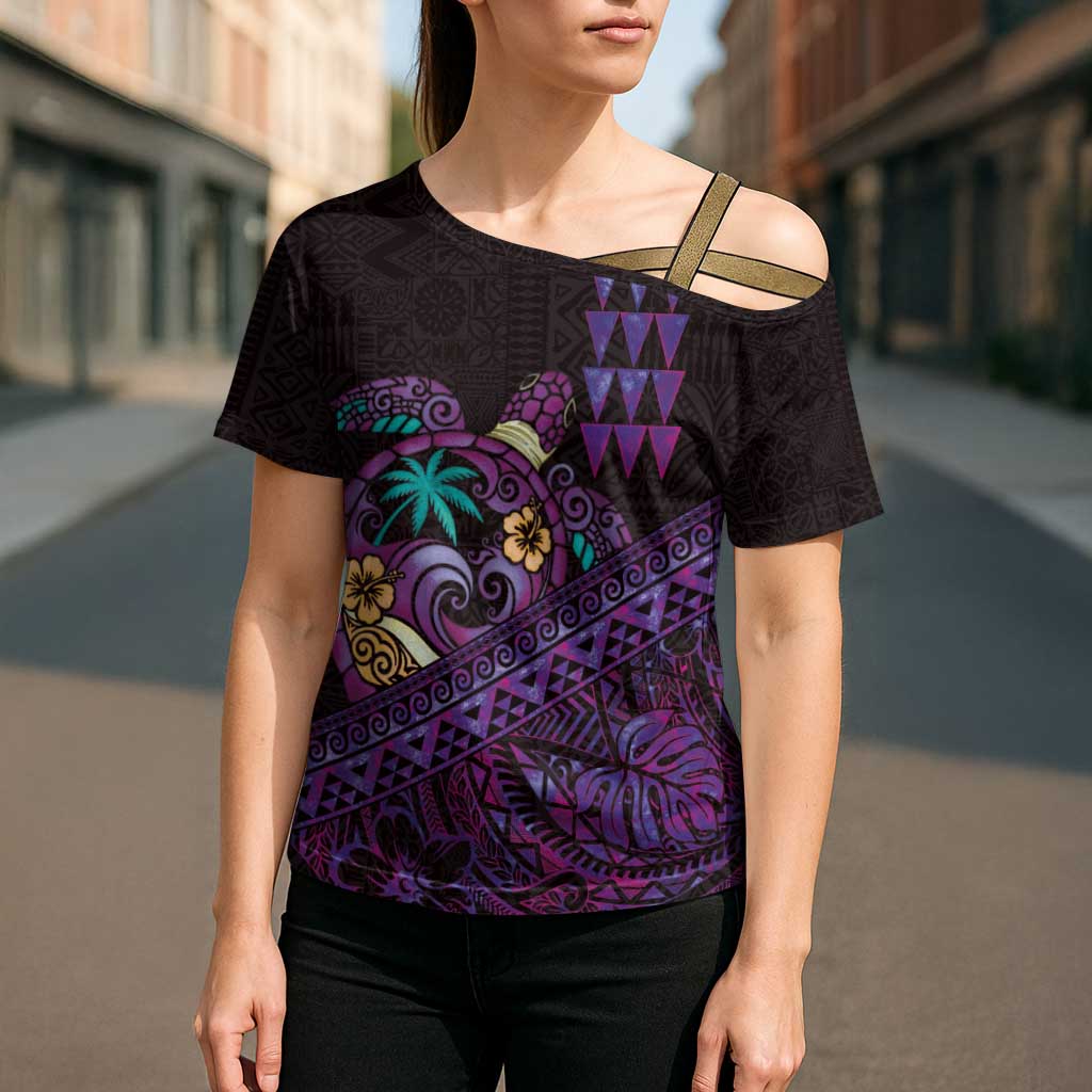 Hawaiian Abstract Sea Turtle Cross Shoulder Shirt Polynesian Tapa Art and Kakau Tattoo Purple WaterColor LT03 - Polynesian Pride