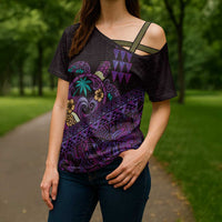 Hawaiian Abstract Sea Turtle Cross Shoulder Shirt Polynesian Tapa Art and Kakau Tattoo Purple WaterColor LT03 - Polynesian Pride