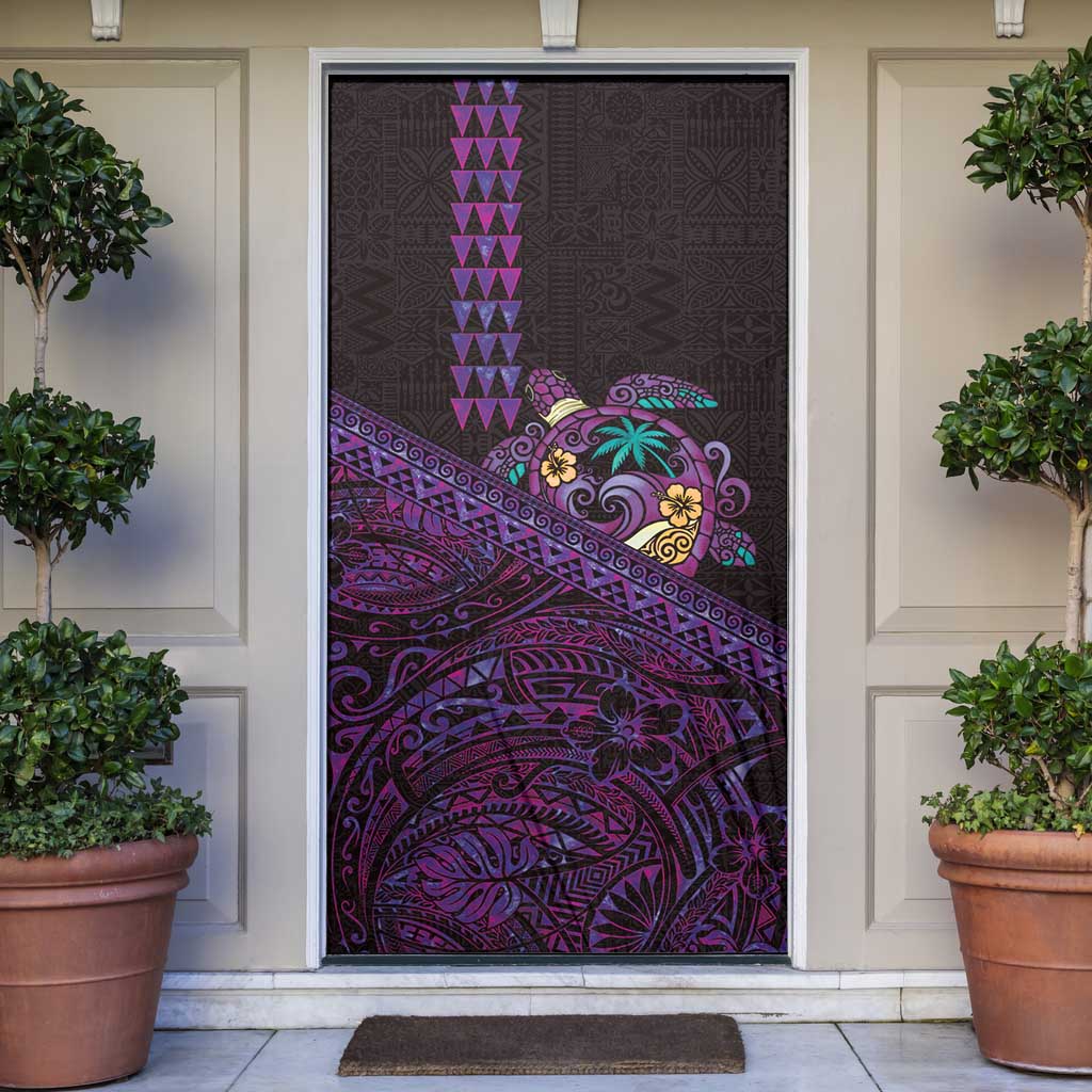 Hawaiian Abstract Sea Turtle Door Cover Polynesian Tapa Art and Kakau Tattoo Purple WaterColor LT03 Black - Polynesian Pride