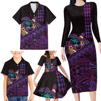 Hawaiian Abstract Sea Turtle Family Matching Long Sleeve Bodycon Dress and Hawaiian Shirt Polynesian Tapa Art and Kakau Tattoo Purple WaterColor LT03 - Polynesian Pride