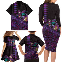 Hawaiian Abstract Sea Turtle Family Matching Long Sleeve Bodycon Dress and Hawaiian Shirt Polynesian Tapa Art and Kakau Tattoo Purple WaterColor LT03 - Polynesian Pride
