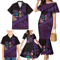 Hawaiian Abstract Sea Turtle Family Matching Mermaid Dress and Hawaiian Shirt Polynesian Tapa Art and Kakau Tattoo Purple WaterColor LT03 - Polynesian Pride