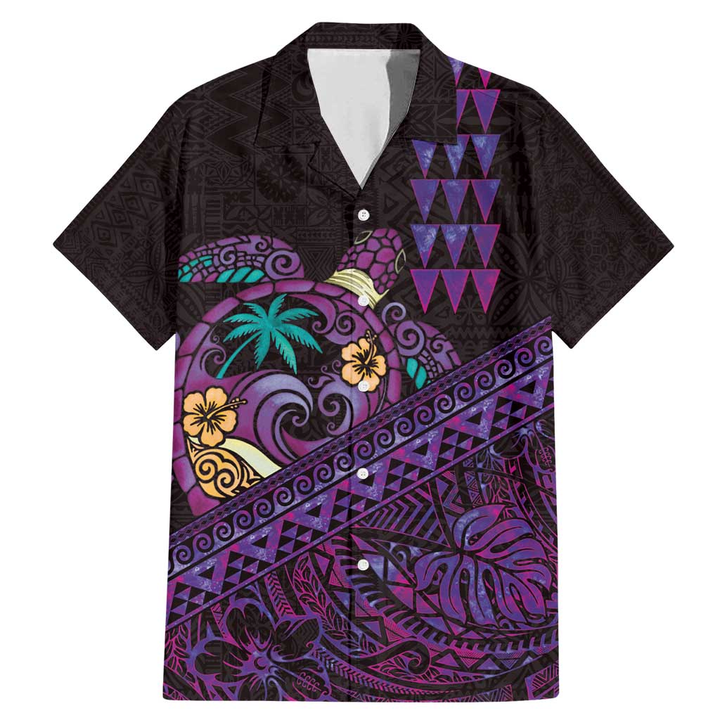 Hawaiian Abstract Sea Turtle Family Matching Mermaid Dress and Hawaiian Shirt Polynesian Tapa Art and Kakau Tattoo Purple WaterColor LT03 Dad's Shirt - Short Sleeve Black - Polynesian Pride