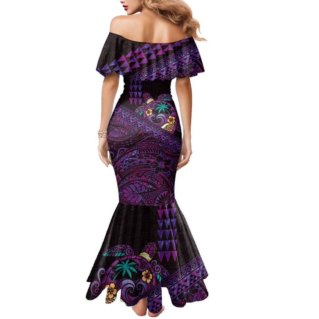 Hawaiian Abstract Sea Turtle Family Matching Mermaid Dress and Hawaiian Shirt Polynesian Tapa Art and Kakau Tattoo Purple WaterColor LT03 - Polynesian Pride