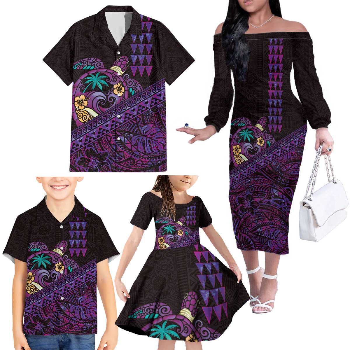 Hawaiian Abstract Sea Turtle Family Matching Off The Shoulder Long Sleeve Dress and Hawaiian Shirt Polynesian Tapa Art and Kakau Tattoo Purple WaterColor LT03 - Polynesian Pride