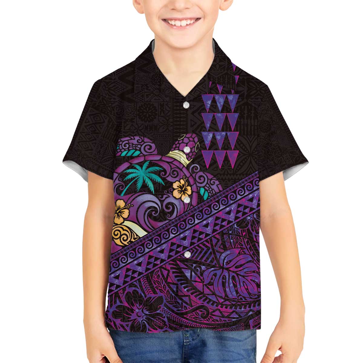 Hawaiian Abstract Sea Turtle Family Matching Off The Shoulder Long Sleeve Dress and Hawaiian Shirt Polynesian Tapa Art and Kakau Tattoo Purple WaterColor LT03 Son's Shirt Black - Polynesian Pride