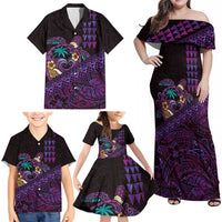 Hawaiian Abstract Sea Turtle Family Matching Off Shoulder Maxi Dress and Hawaiian Shirt Polynesian Tapa Art and Kakau Tattoo Purple WaterColor LT03 - Polynesian Pride