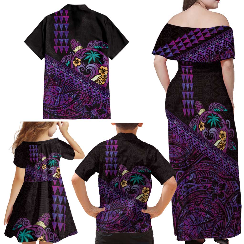 Hawaiian Abstract Sea Turtle Family Matching Off Shoulder Maxi Dress and Hawaiian Shirt Polynesian Tapa Art and Kakau Tattoo Purple WaterColor LT03 - Polynesian Pride