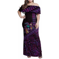 Hawaiian Abstract Sea Turtle Family Matching Off Shoulder Maxi Dress and Hawaiian Shirt Polynesian Tapa Art and Kakau Tattoo Purple WaterColor LT03 Mom's Dress Black - Polynesian Pride