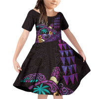 Hawaiian Abstract Sea Turtle Family Matching Off Shoulder Short Dress and Hawaiian Shirt Polynesian Tapa Art and Kakau Tattoo Purple WaterColor LT03 Daughter's Dress Black - Polynesian Pride
