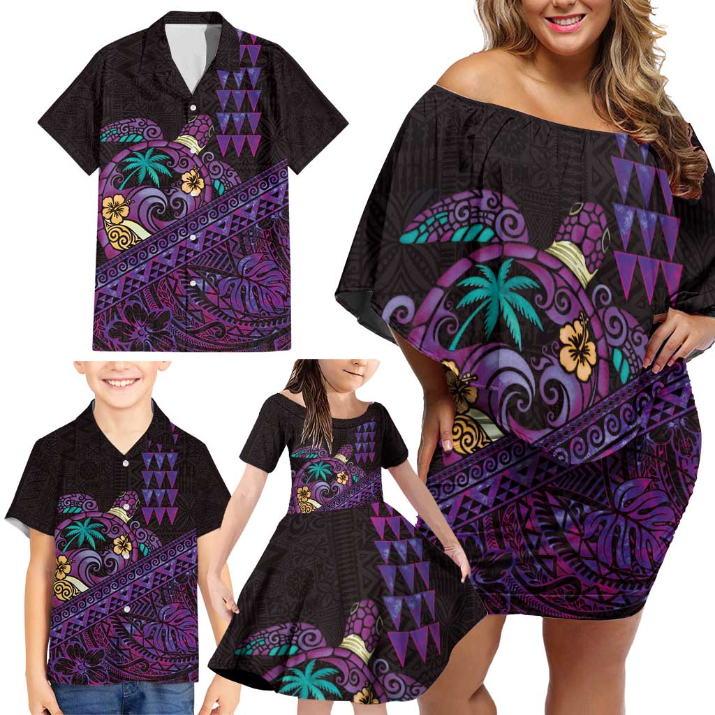 Hawaiian Abstract Sea Turtle Family Matching Off Shoulder Short Dress and Hawaiian Shirt Polynesian Tapa Art and Kakau Tattoo Purple WaterColor LT03 - Polynesian Pride